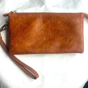 Shiraleah caramel brown clutch purse. ID slot and multiple card slots.